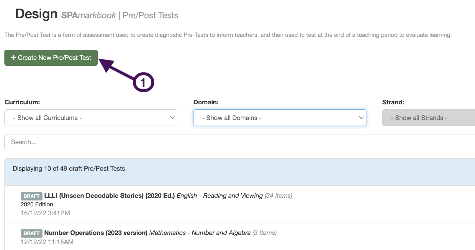 Step 3: Click on "Create New Pre/Post Test"