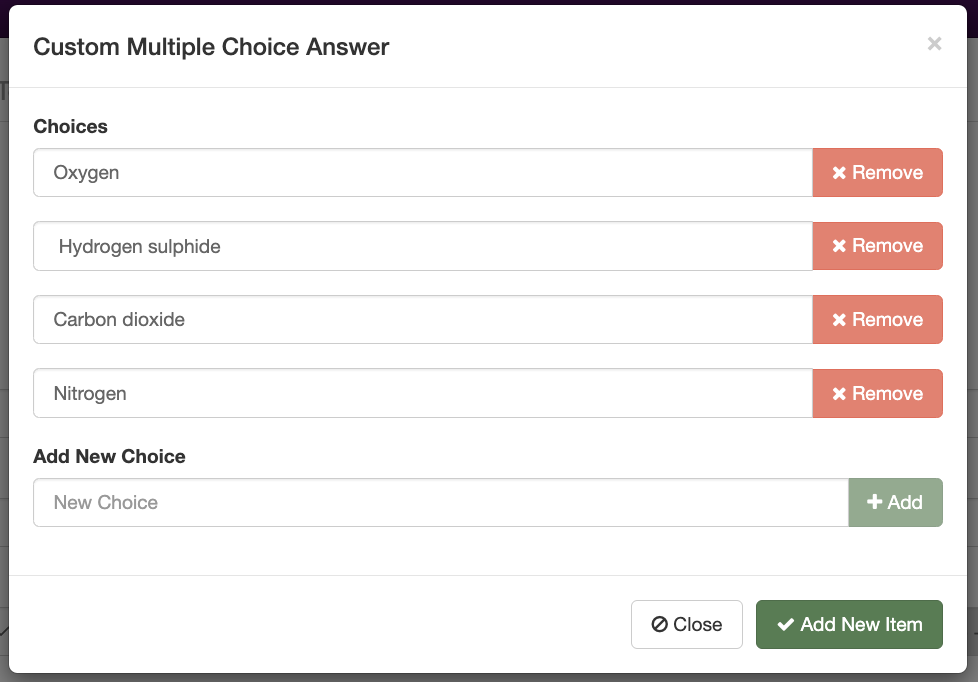 e) Custom: A custom multiple choice question. (Eg Question: Brass gets discoloured in air because of the presence of?)